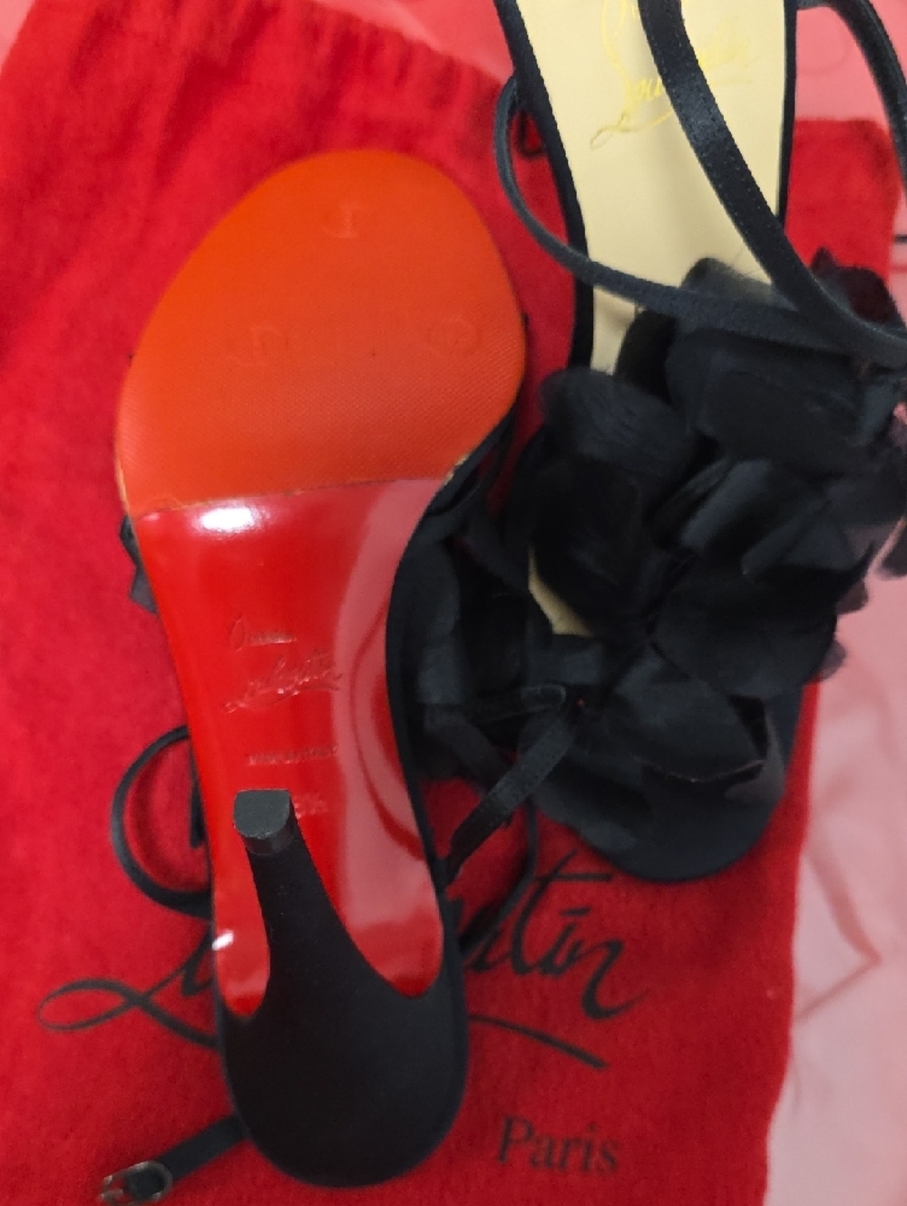 Christian Louboutin Black Floral Satin Strappy Heels - Picture 2 of 7